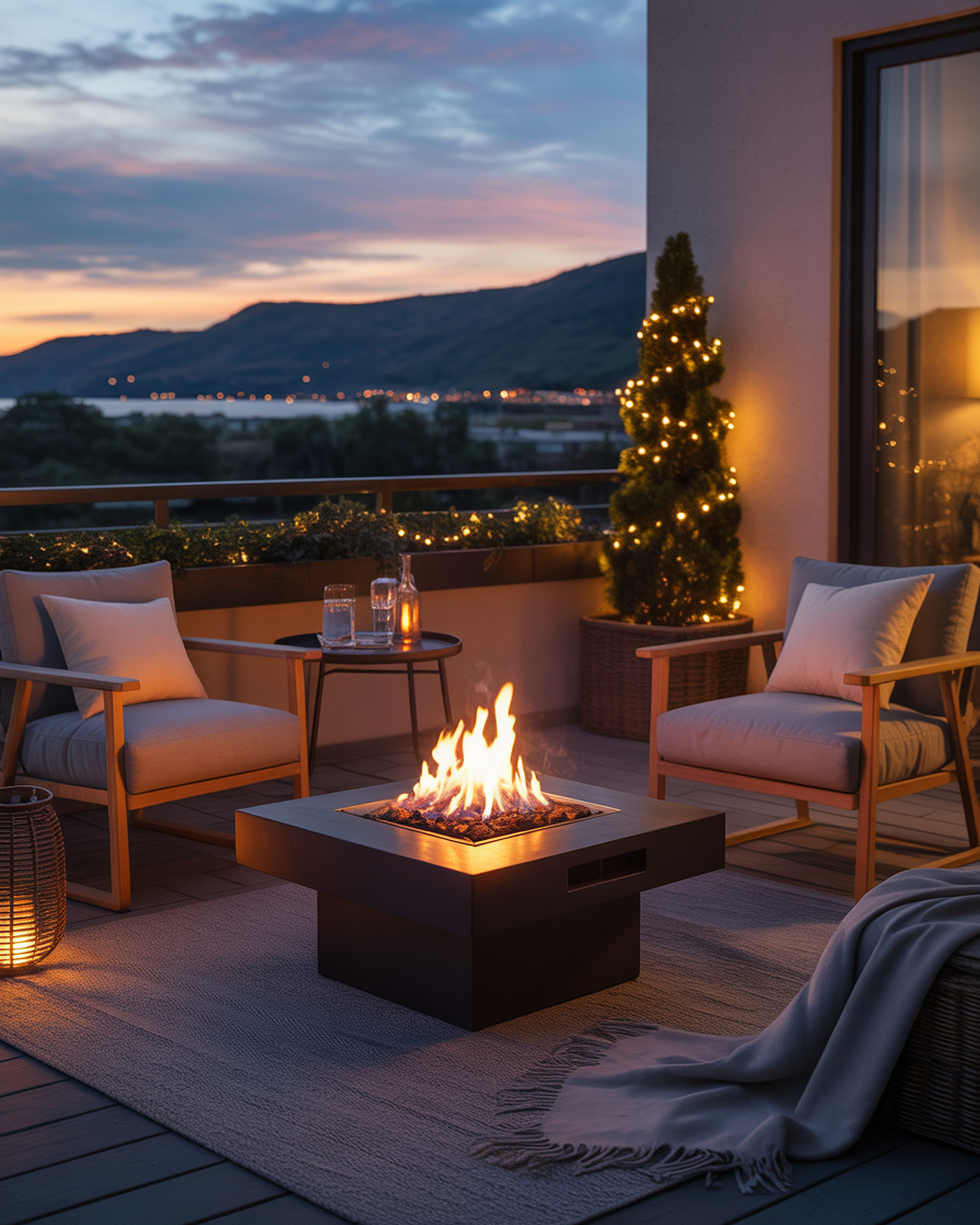 A small balcony with a cozy fire pit, perfect for enjoying chilly evenings.