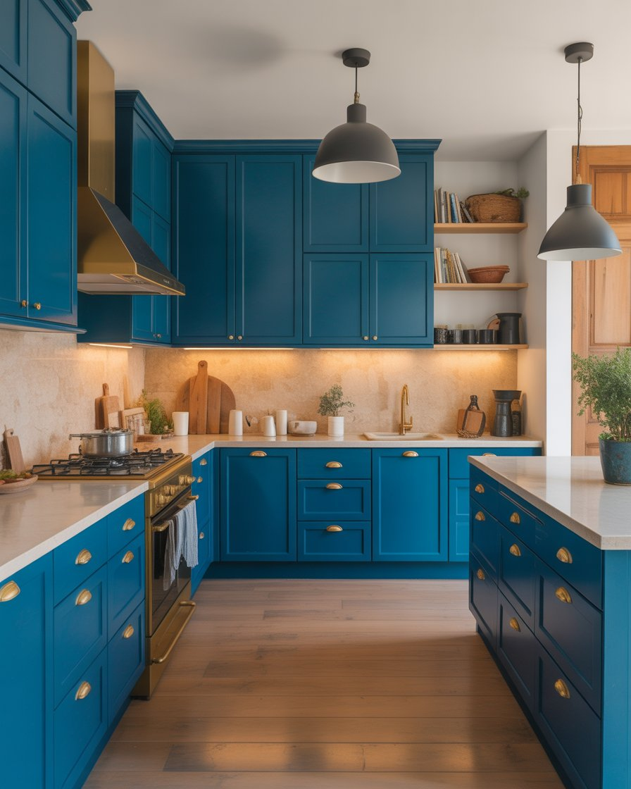 A cozy kitchen with soft blue cabinets, beige countertops, and light wood flooring.