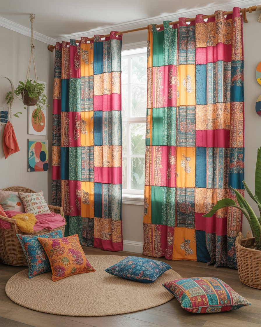 Vibrant patchwork curtains made from colorful fabric scraps with eclectic patterns.