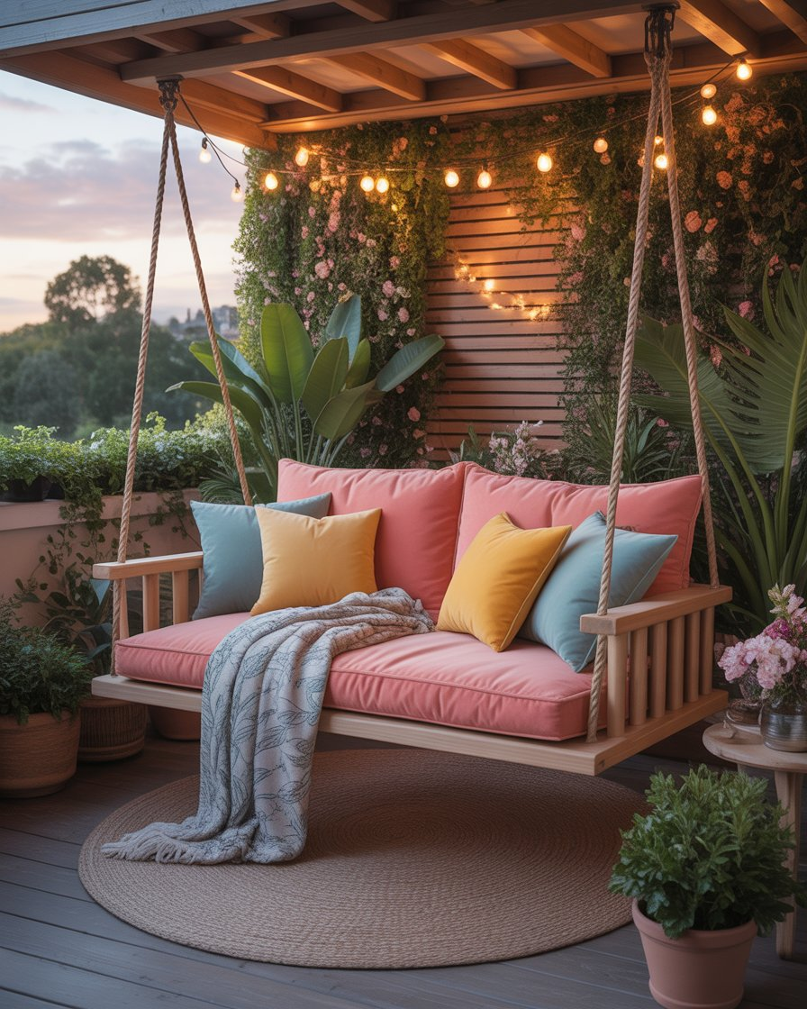 Two-person bench swing with soft cushions in a romantic garden setting.