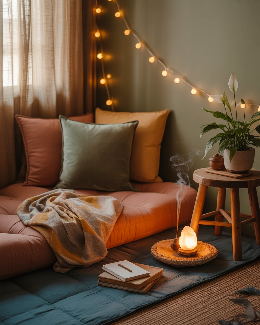 Cozy meditation nook with floor cushions, soft blanket, and warm lighting for a peaceful retreat.