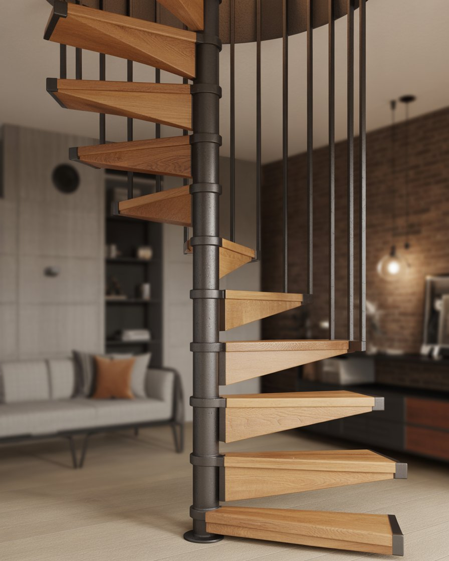 Industrial spiral staircase with wood and metal.