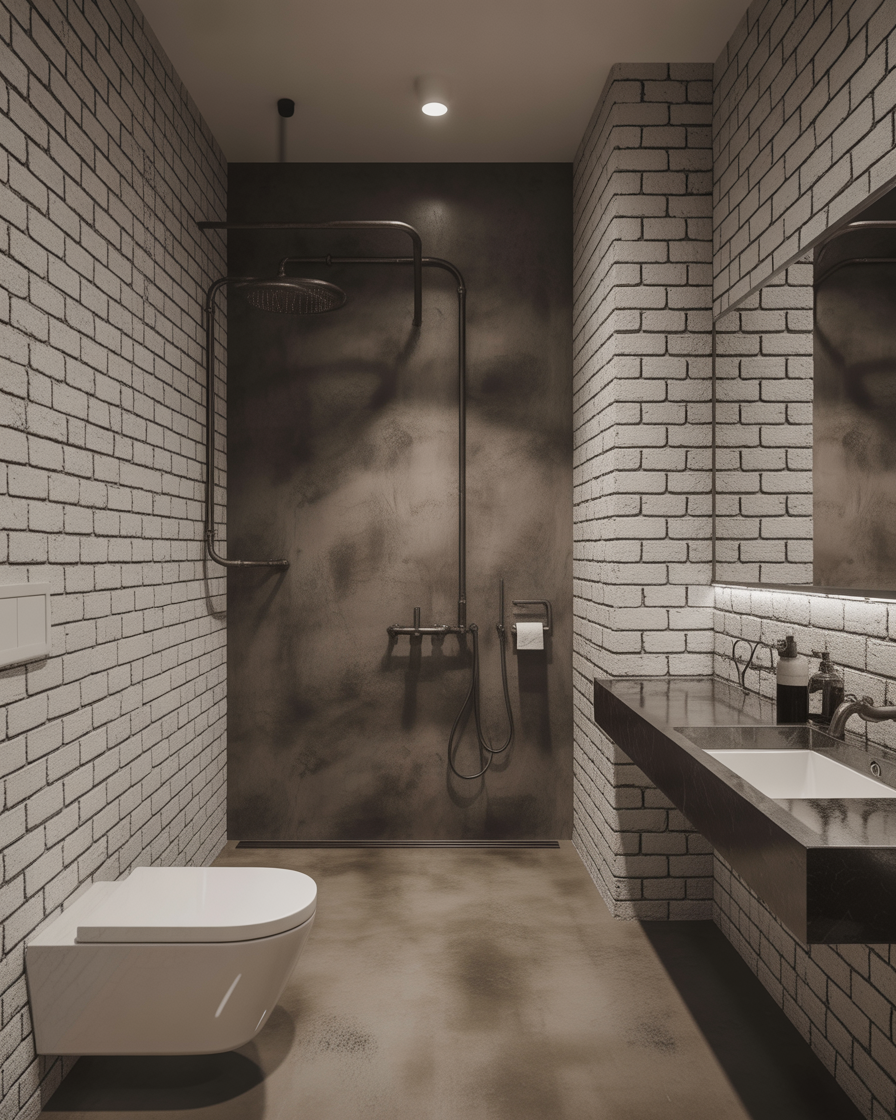 A bathroom with industrial-style concrete floors, grey walls, and exposed pipes.