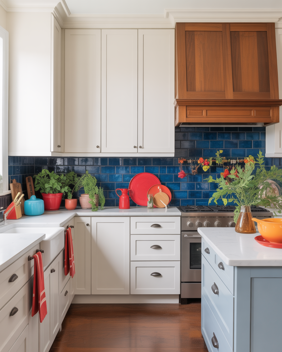 A bright and cheerful kitchen with white and wood tones, accented by colorful accessories that add vibrancy to the space.