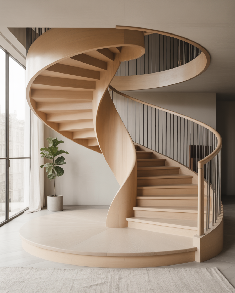 Wooden spiral staircase with slim railing.