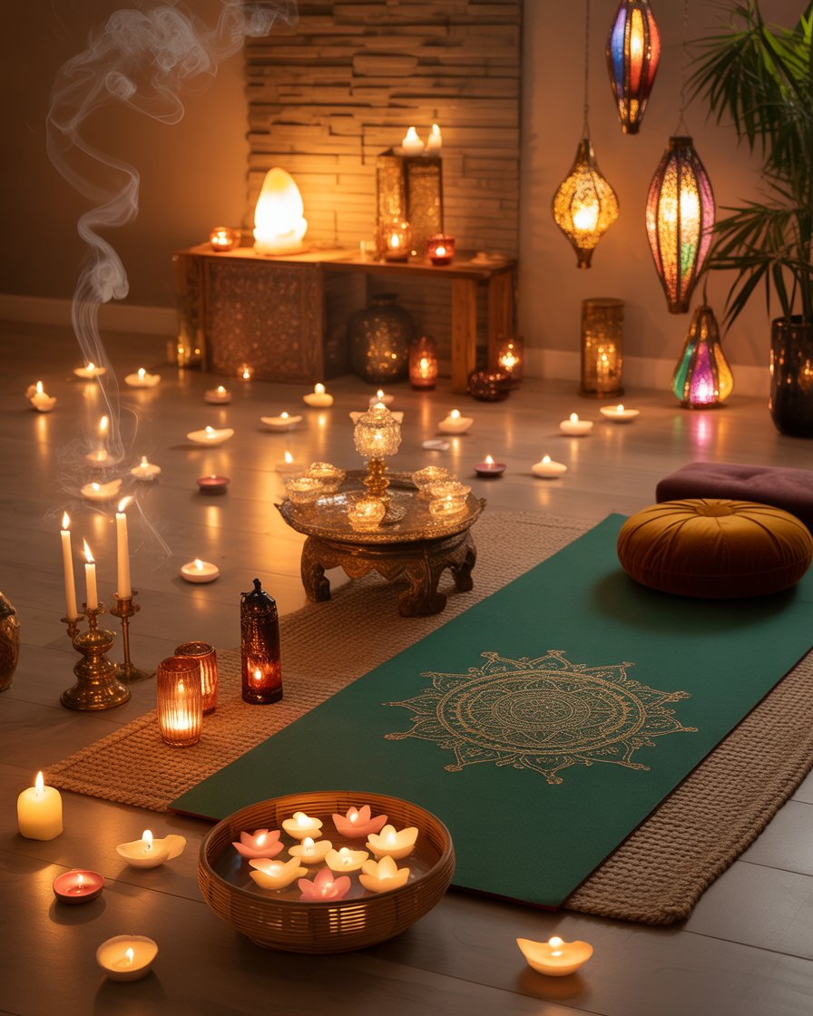 Yoga corner with candlelight and Himalayan salt lamp creating a warm, peaceful glow.