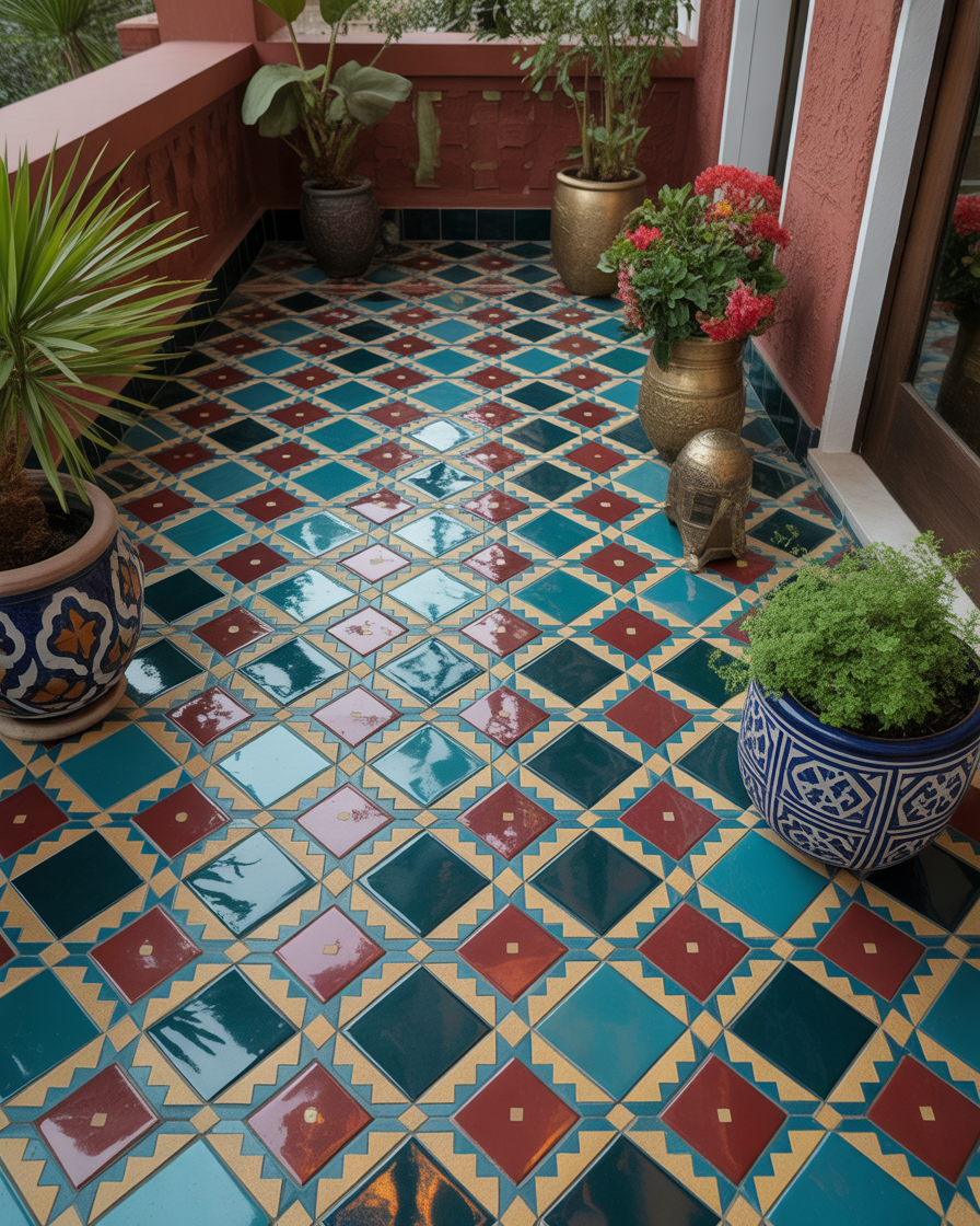 Colorful Moroccan geometric tile porch with warm hues.