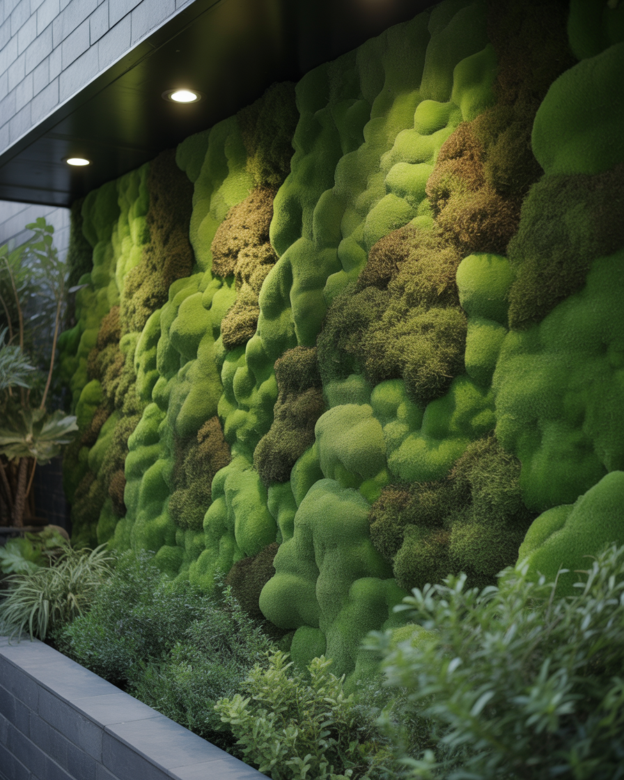 Soft green moss garden wall lit gently from above.