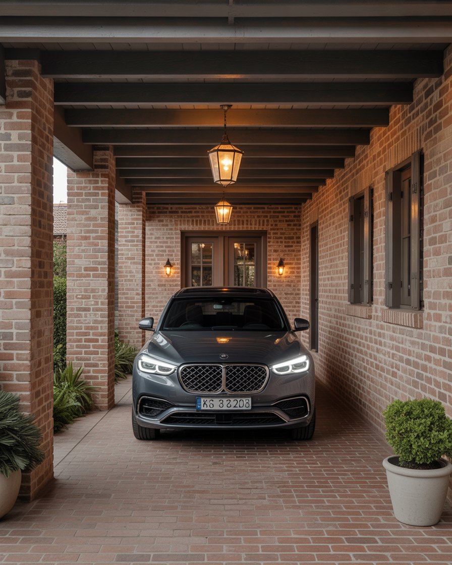 Brickwork car porch with rustic style and timeless appeal.