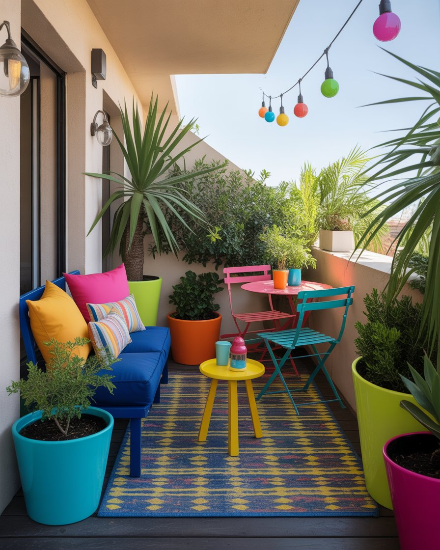 A vibrant, colorful balcony with bright cushions and bold rugs.