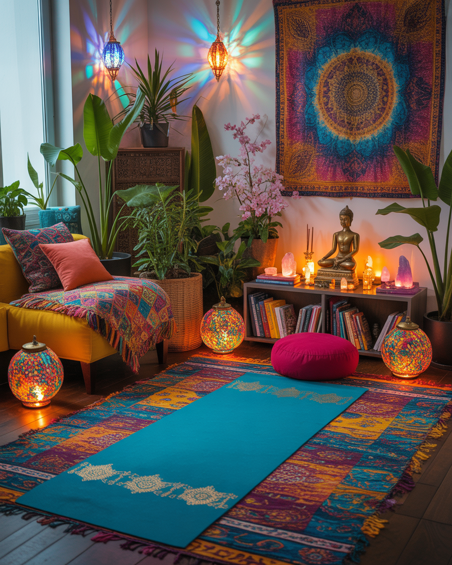 Multi-use yoga and meditation room with space for practice, reading, and journaling for calm and balance.