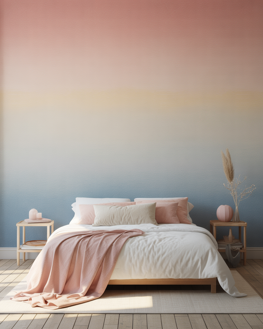 Soft ombre wallpaper accent wall in a tranquil bedroom.