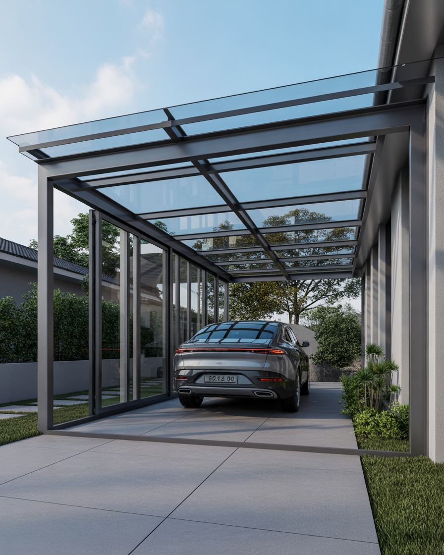 Glass roof car porch with clear glass panels letting in sunlight.