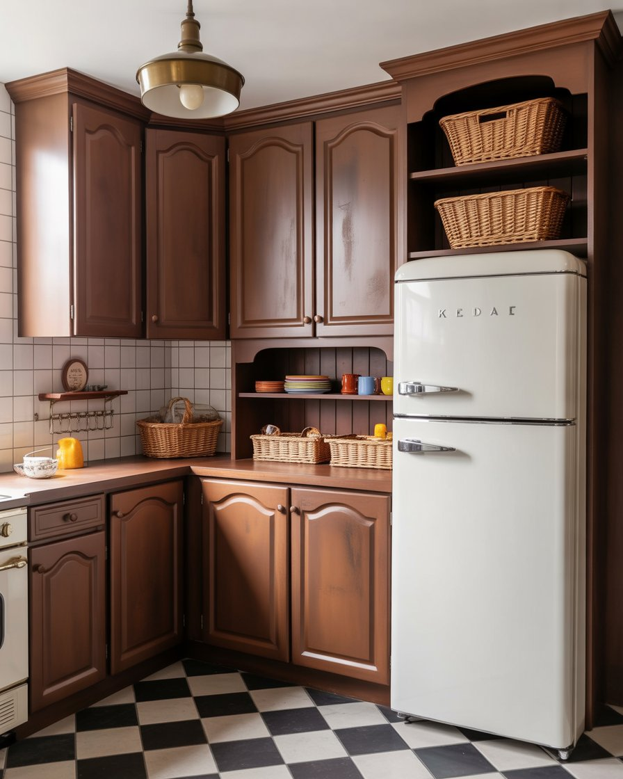 Vintage-style brown kitchen with retro fridge and checkered floor.