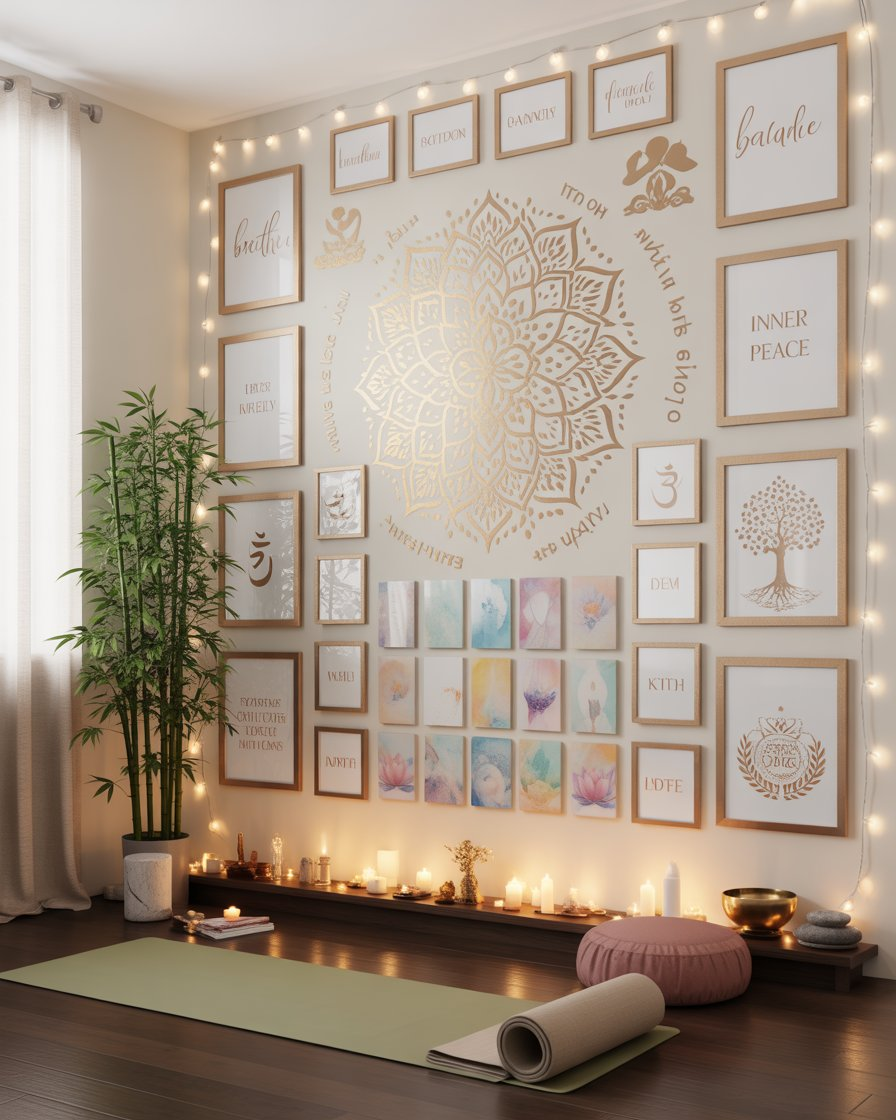 Yoga space with wall art, mandalas, and inspirational quotes creating a motivating and calming environment.