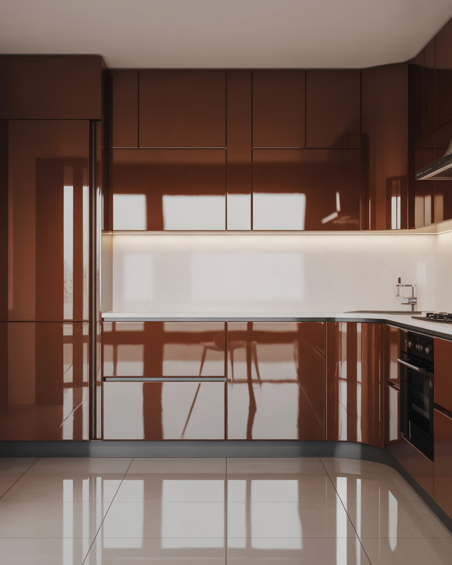 Sleek modern kitchen with glossy brown cabinetry.