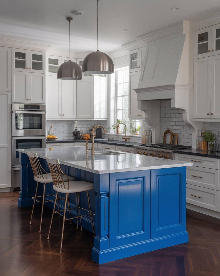  A kitchen with a bold blue island and white cabinetry for a striking contrast.