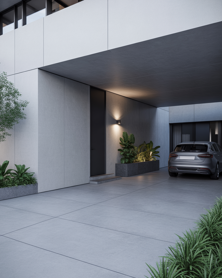 Minimalist concrete porch with smooth grey flooring offering modern durable elegant design