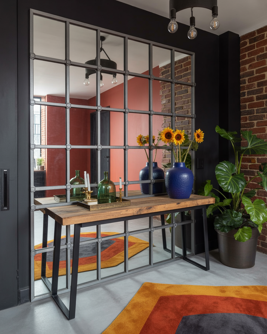Industrial black grid-frame entryway mirror against brick wall.