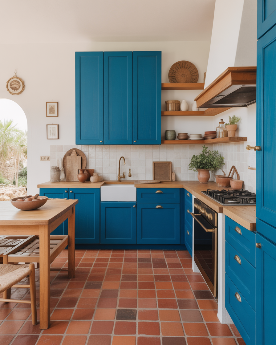 A Mediterranean-style kitchen with blue cabinetry and terra cotta tiles for a vibrant look.