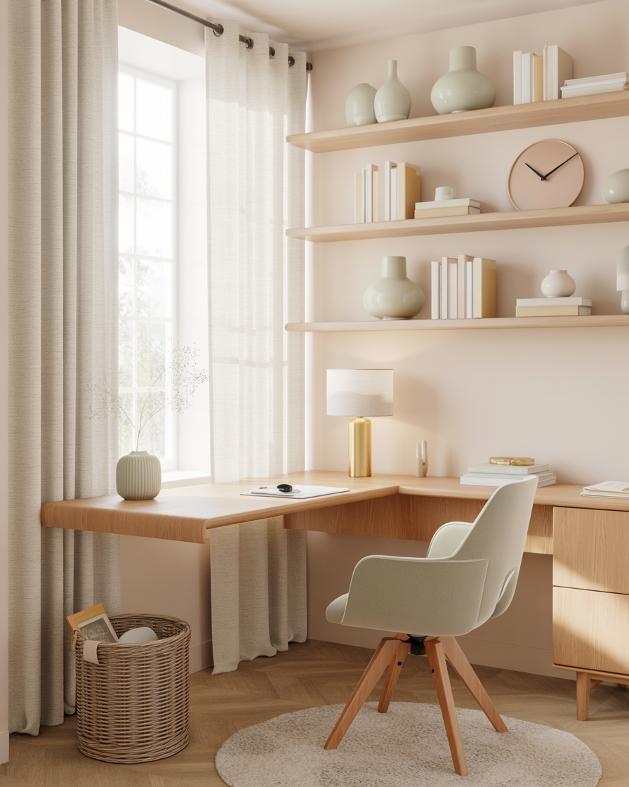 Light wood office with open shelves and natural light.