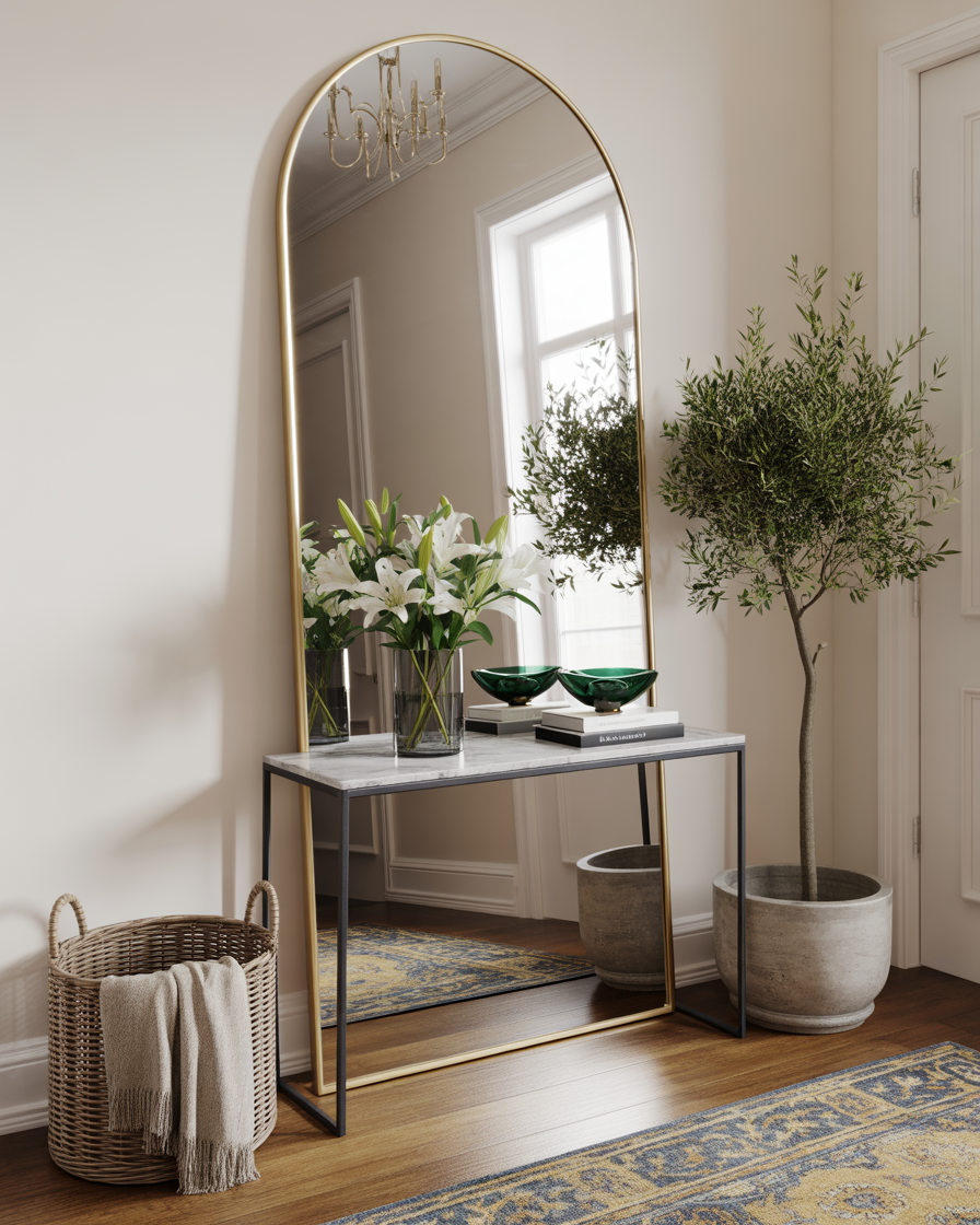 Large arched mirror creating height in a stylish entryway.