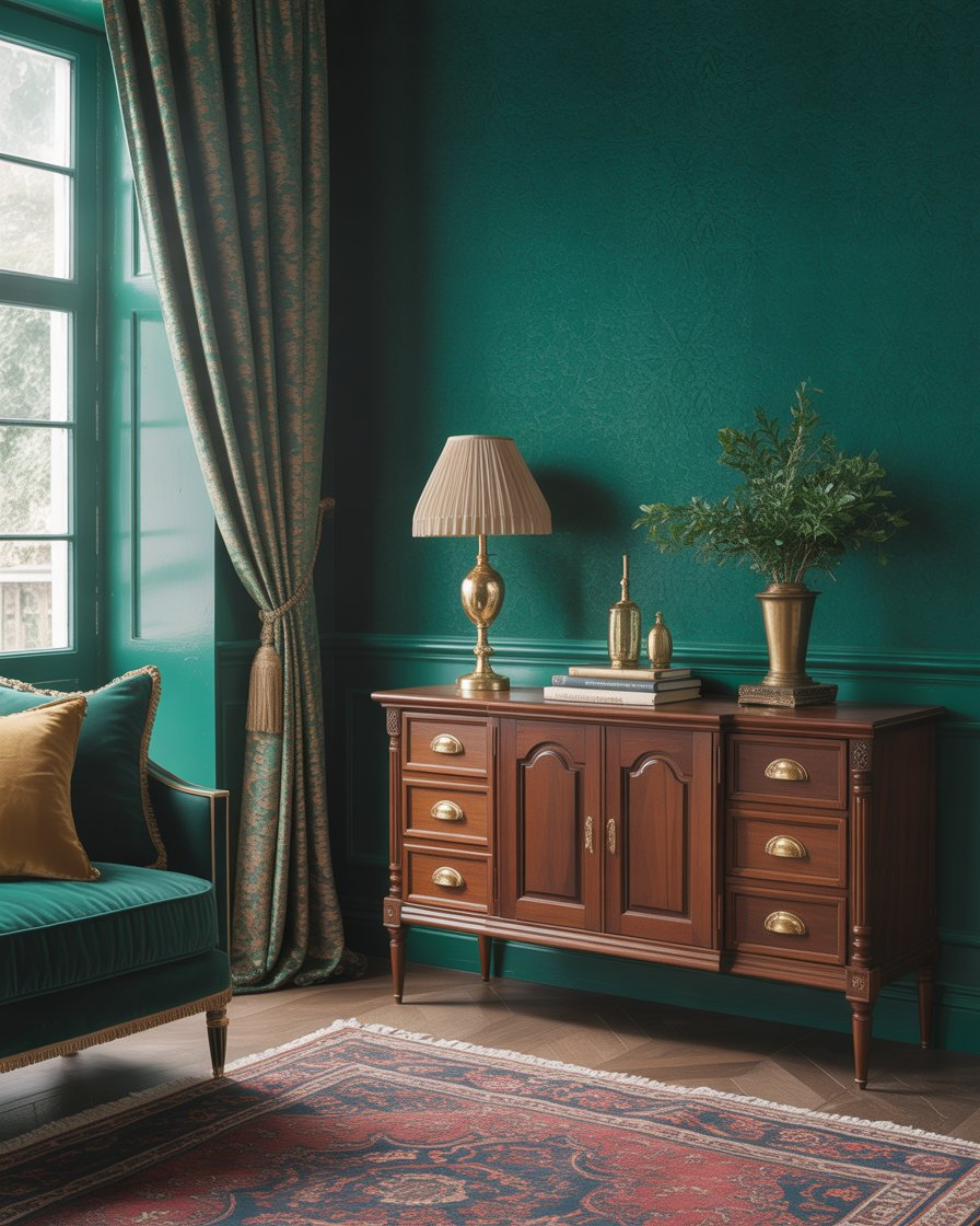 Emerald green wallpaper accent wall in a bedroom with brass accents.