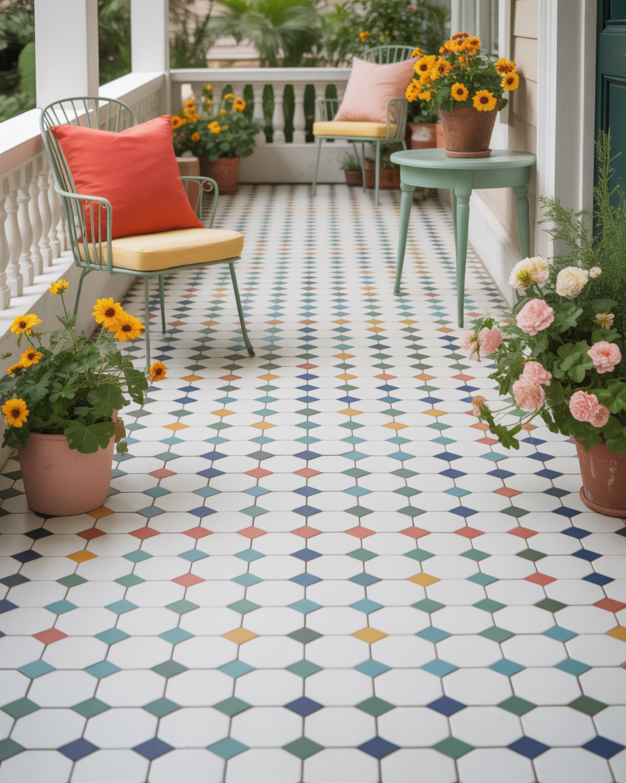 White hexagonal tile porch with black grout lines.