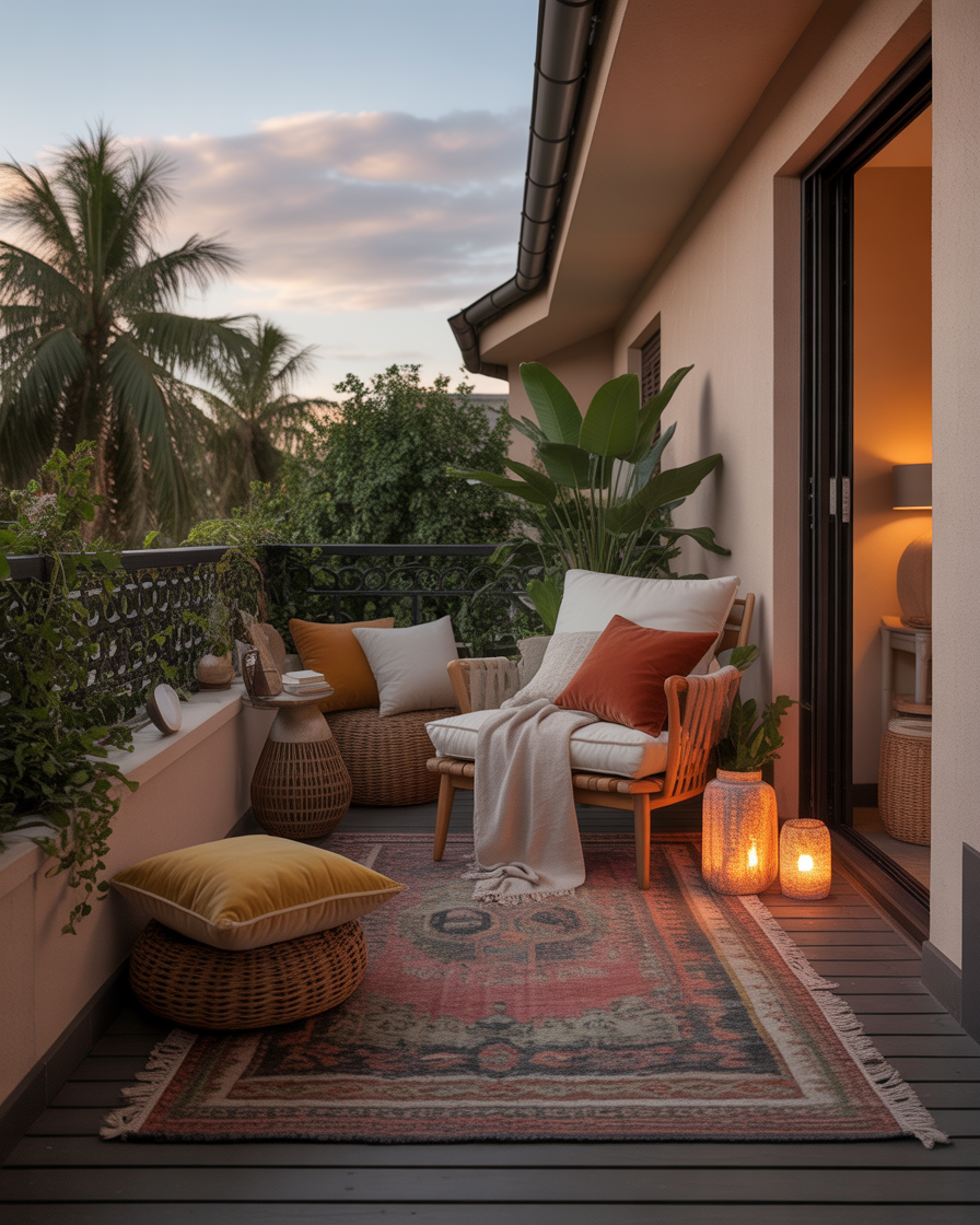 A comfortable balcony with soft textured rugs and pillows, perfect for lounging.