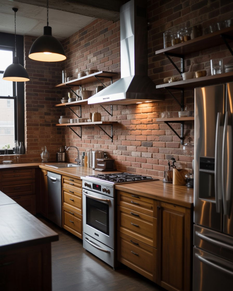 An industrial-style kitchen with exposed brick and stainless steel accents.