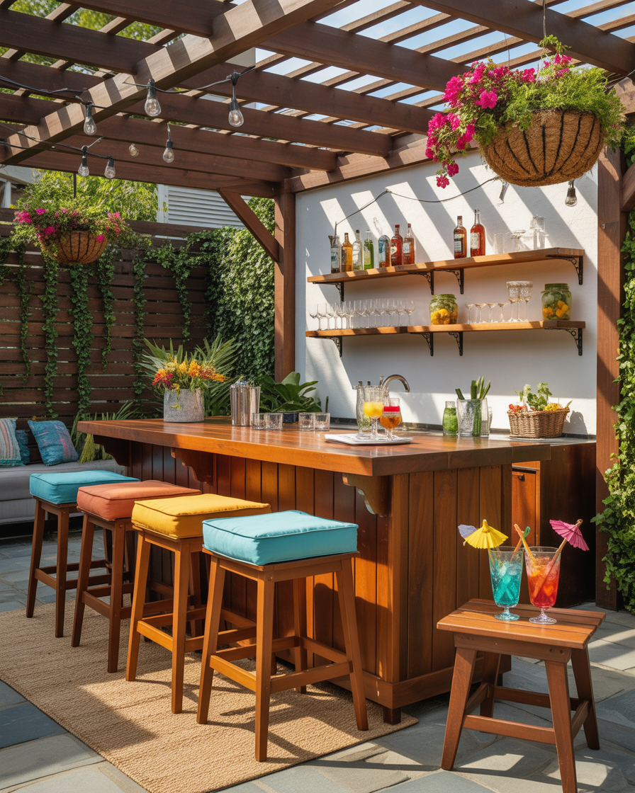Corner pergola with built-in bar counter and high stools