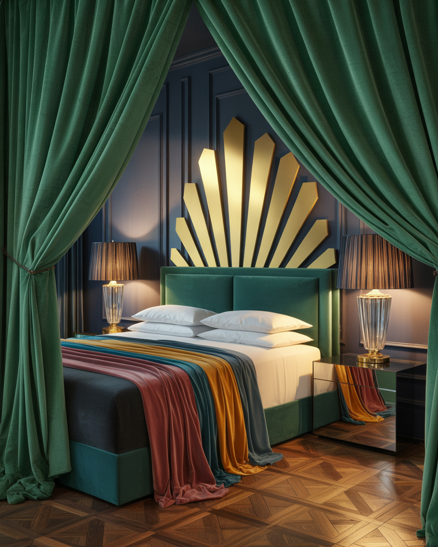 Art Deco patterned wallpaper accent wall in a glamorous bedroom.