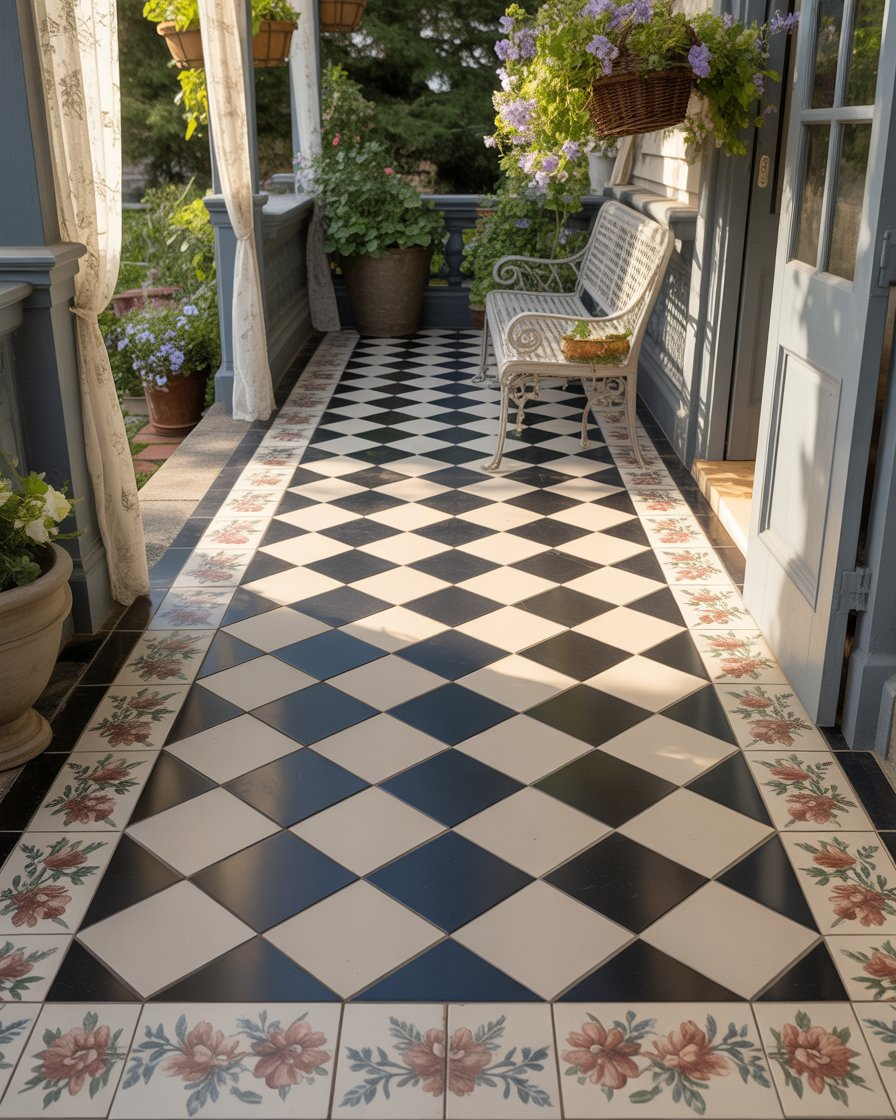  Checkerboard tile porch with floral border detail.