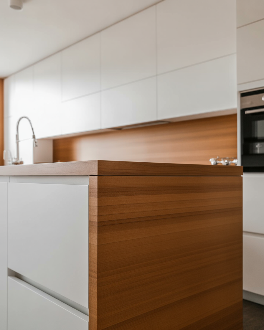 A sleek kitchen with white cabinetry and wood-paneled accent walls.