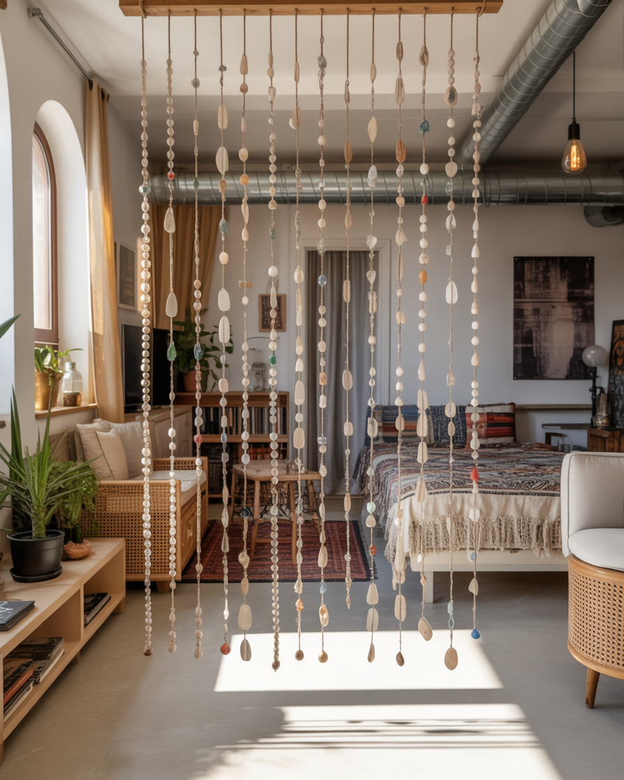 Wooden bead curtain used as a room divider in a boho-themed studio.