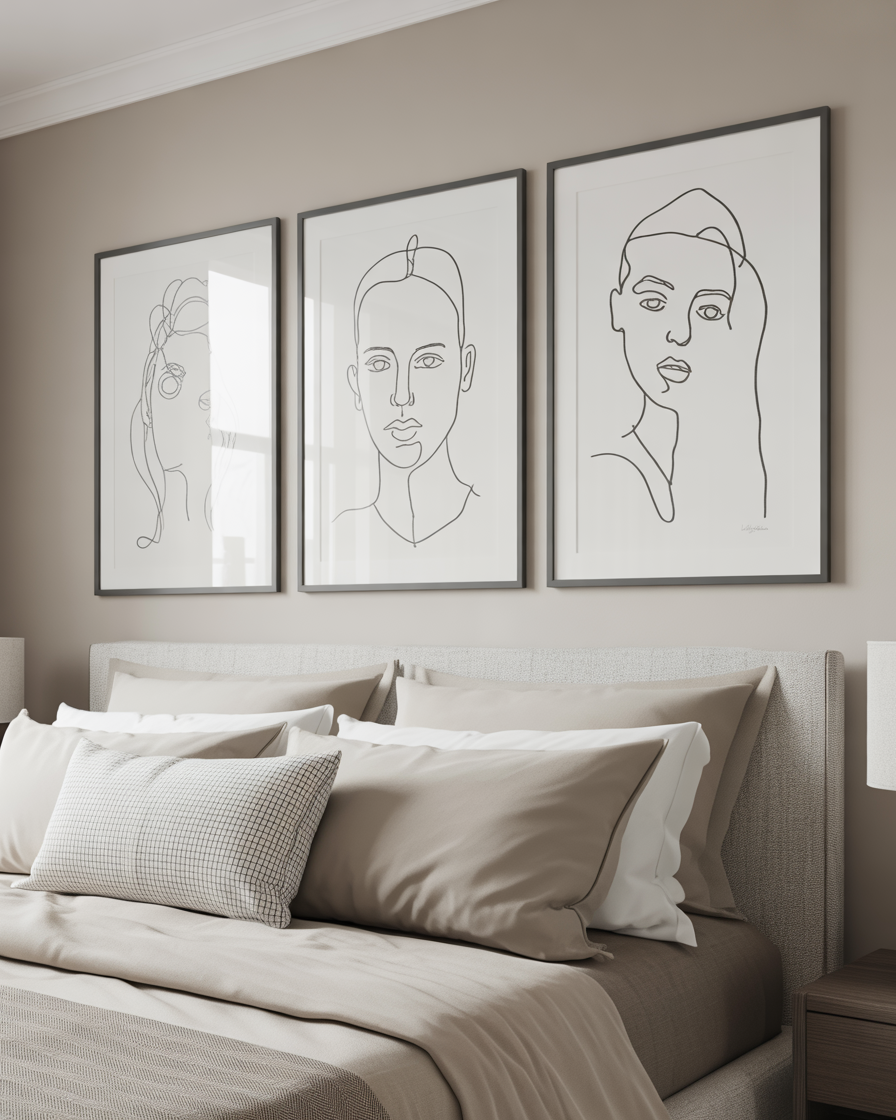 Bedroom wall adorned with minimalist black-and-white line art.