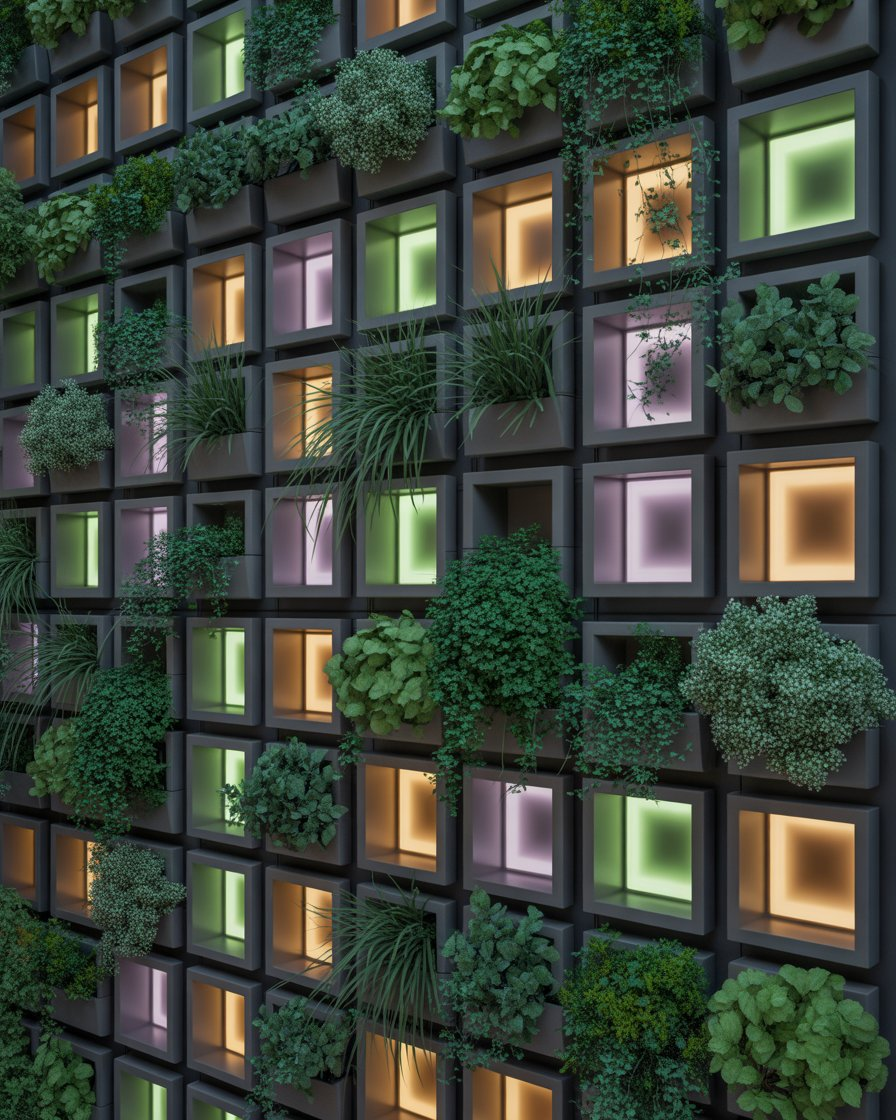 Planter wall embedded with glowing lightboxes.