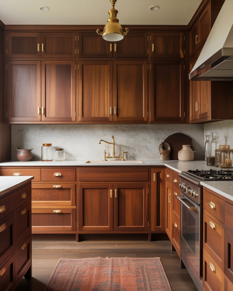 Warm brown wood kitchen with classic brass finishes.