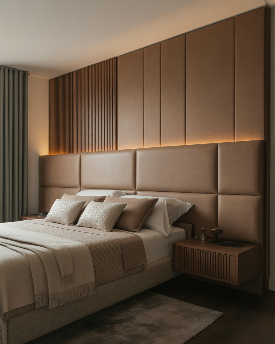 Bedroom with an extended wall-mounted headboard in a modern design.