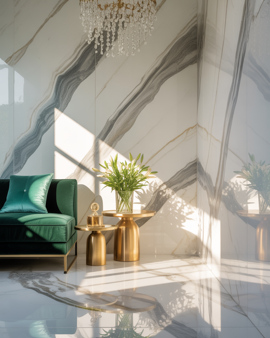 White marble effect wallpaper accent wall in a luxurious bedroom.