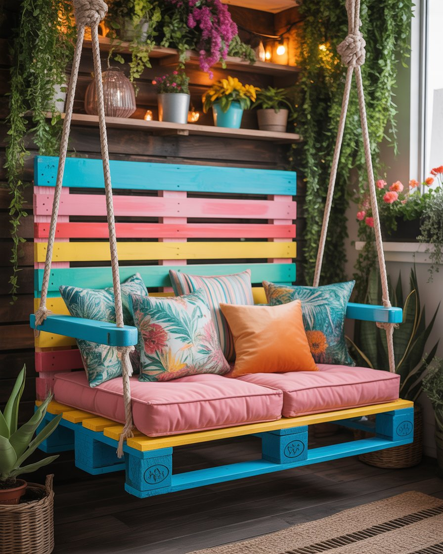 DIY pallet bench swing with pastel cushions in a small garden.