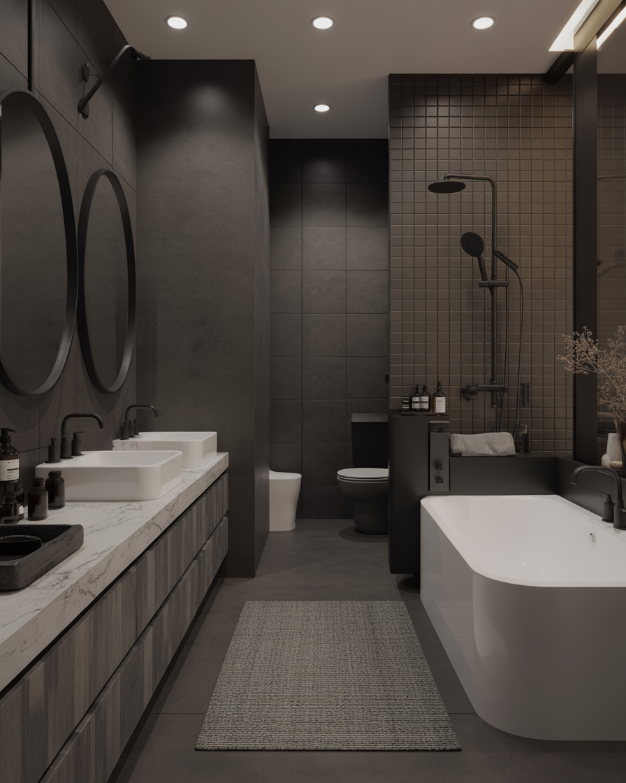 A sleek bathroom with charcoal grey walls, white fixtures, and black accents.