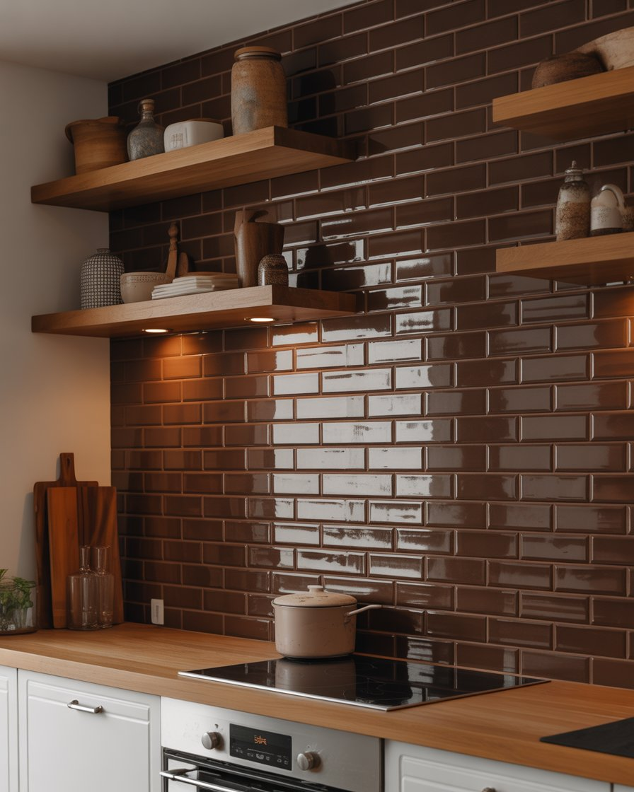 Kitchen with brown subway tile backsplash and warm floating shelves.