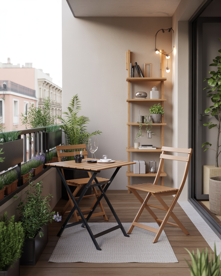 A small balcony with foldable furniture that can be easily adjusted for space.