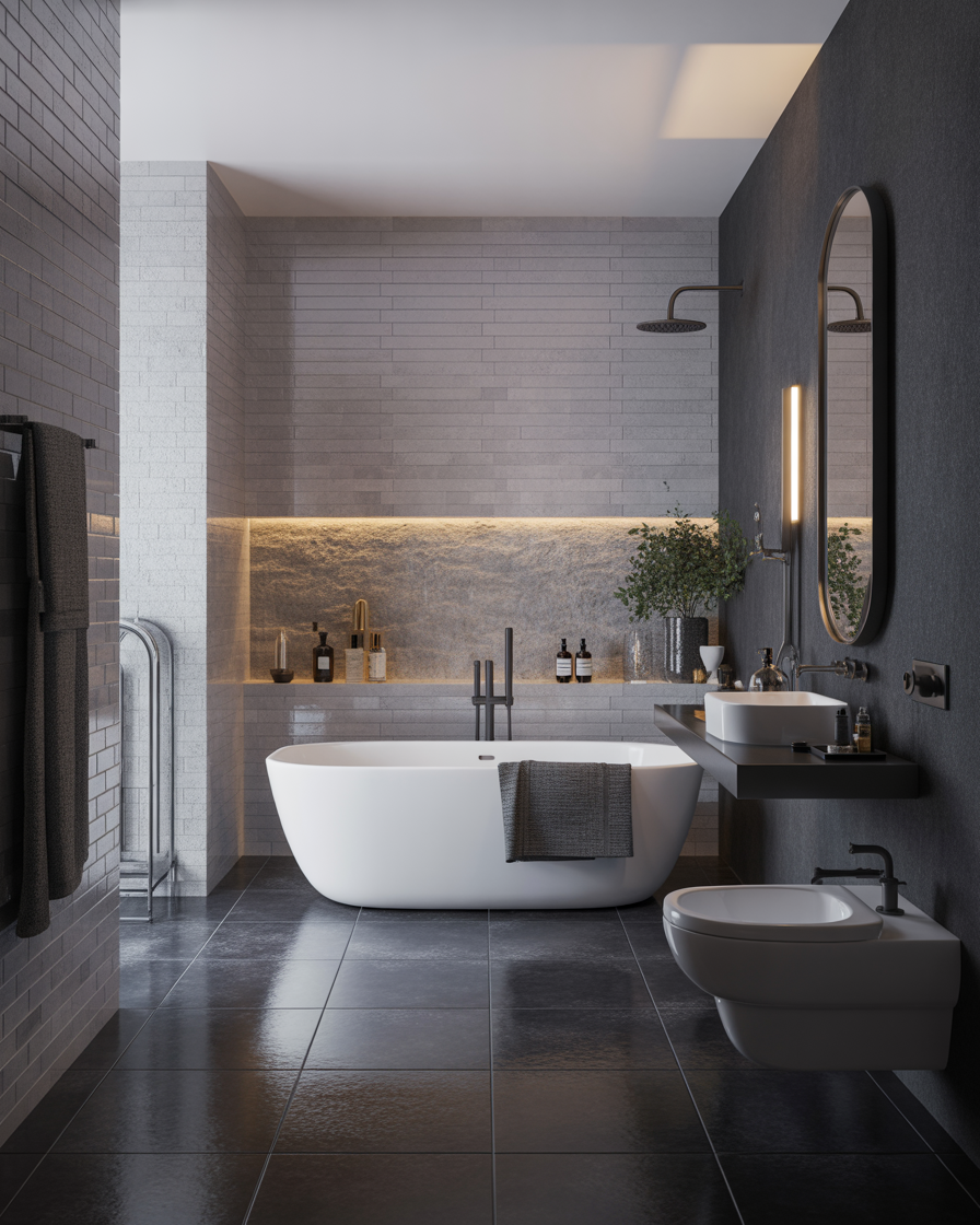 A monochromatic grey bathroom with different shades of grey throughout.