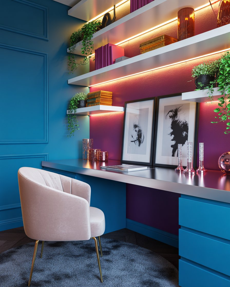 Elegant shelves glow above a long, bright white desk.