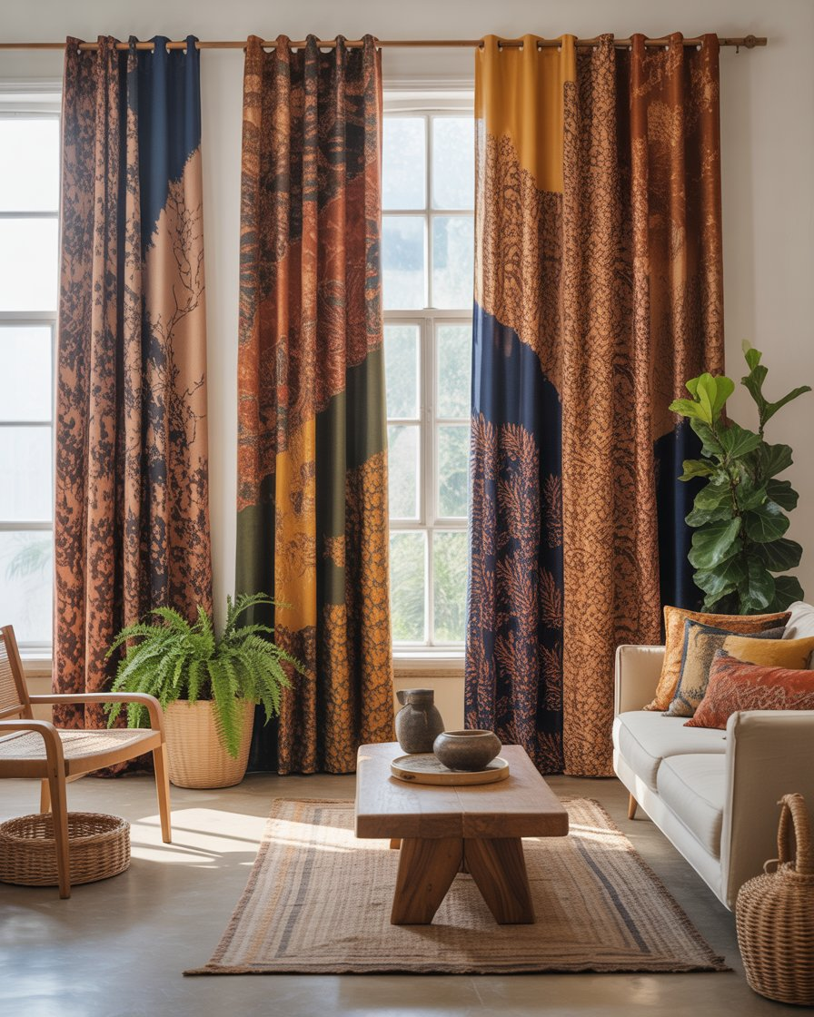 Deep maroon batik print curtains with gold accents in a rustic boho room.