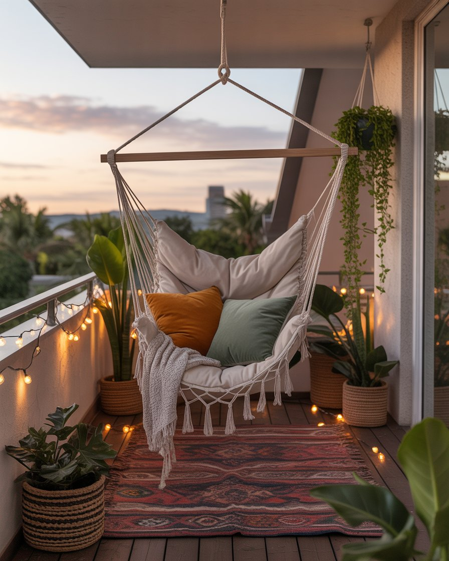 A hammock chair hanging from a small apartment balcony, with cushions for comfort.