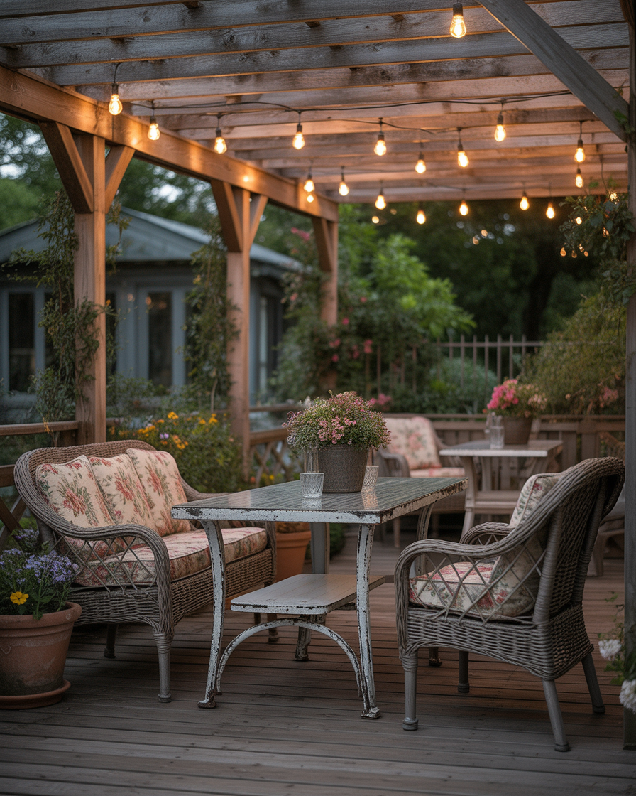Cozy outdoor patio with Edison bulbs strung across pergola, vintage decor, and floral textiles.