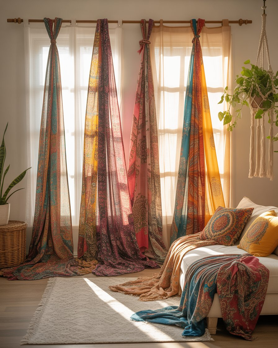 Sheer white curtains layered with multicolored silk scarves in a bohemian window setting.